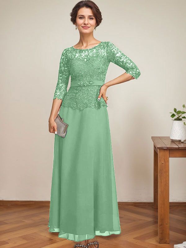 A-Linien-Kleid mit U-Boot-Ausschnitt, Illusion-Detail, knöchellang, aus Chiffon und Spitze mit Strassperlen für die Mutter der Braut. 