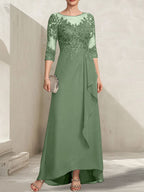A-Linien-Kleid mit asymmetrischem, transparentem Chiffon-Spitzenausschnitt, Pailletten und Kaskadenrüschen für die Mutter der Braut