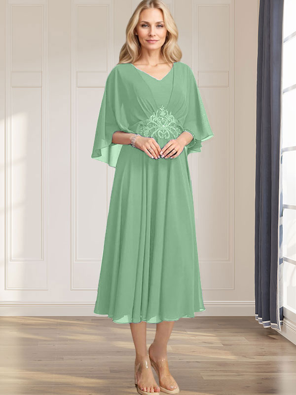 A-Linien-Kleid aus Chiffon mit V-Ausschnitt, Teelänge, plissierten Paillettenapplikationen und Perlenstickerei für die Mutter der Braut 