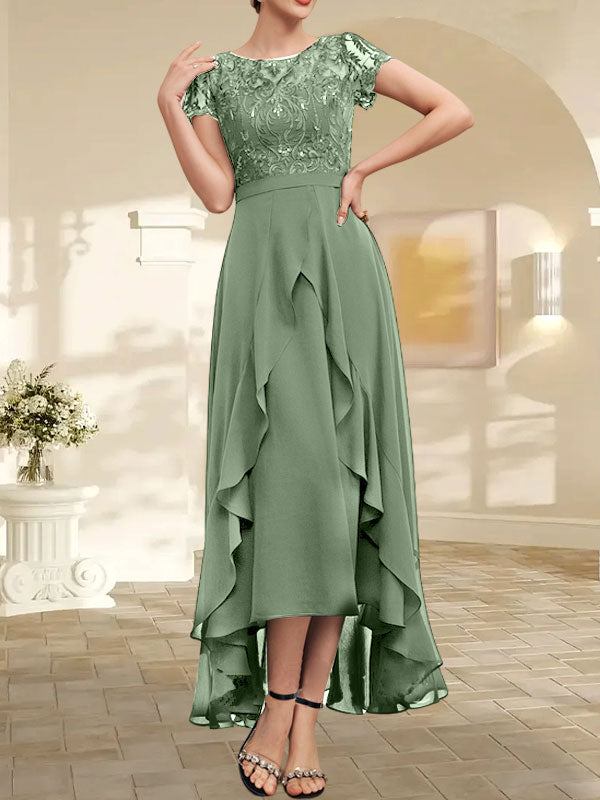 Vestido de madre de la novia de gasa asimétrica con escote en A, ilusión, encaje, lazo, volantes y lentejuelas 
