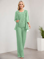 Zweiteiliger Jumpsuit/Hosenanzug, bodenlanges Chiffon-Kleid mit Spitze und Pailletten für die Mutter der Braut