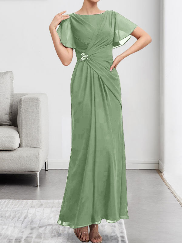 A-Linien-Chiffonkleid mit Rundhalsausschnitt, knöchellang, mit Perlenstickerei und Falten für die Mutter der Braut