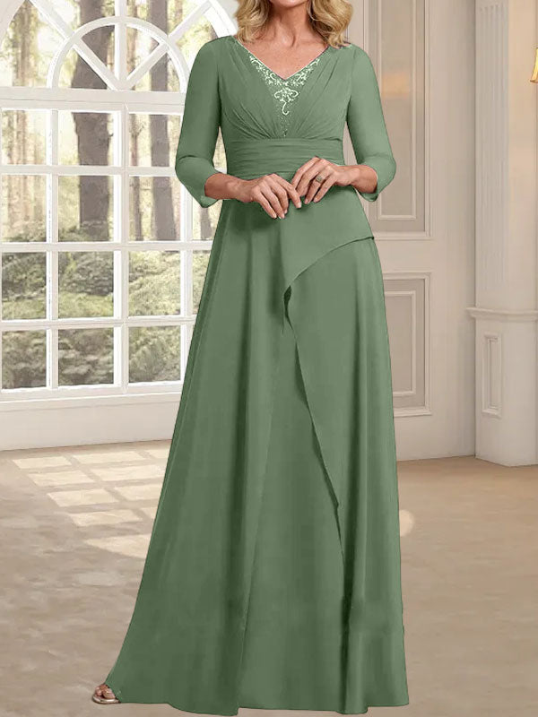A-Linien-Kleid aus Chiffon mit V-Ausschnitt, bodenlang, für die Mutter der Braut, mit plissierter Perlenstickerei