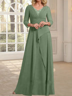 A-Linien-Kleid aus Chiffon mit V-Ausschnitt, bodenlang, für die Mutter der Braut, mit plissierter Perlenstickerei