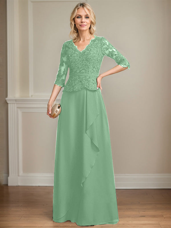 Vestido de gasa con encaje y escote en V hasta el suelo para madre de la novia con volantes en cascada y lentejuelas 