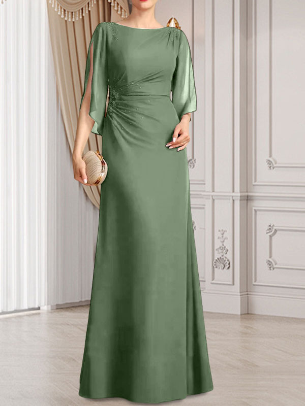 Etui-/Säulen-Chiffonkleid in Bodenlänge für die Mutter der Braut mit plissierter Perlenstickerei