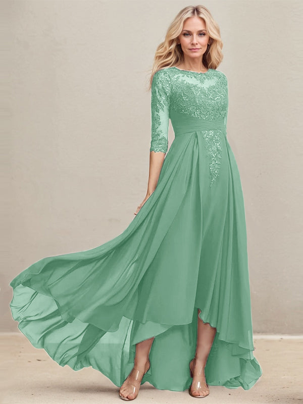 Vestido de madre de la novia de gasa con encaje asimétrico, ilusión, corte A y lentejuelas plisadas 