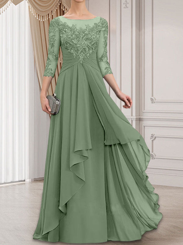 Vestido de gasa con encaje y volantes en cascada para madre de la novia, corte A, escote ilusión, largo hasta el suelo