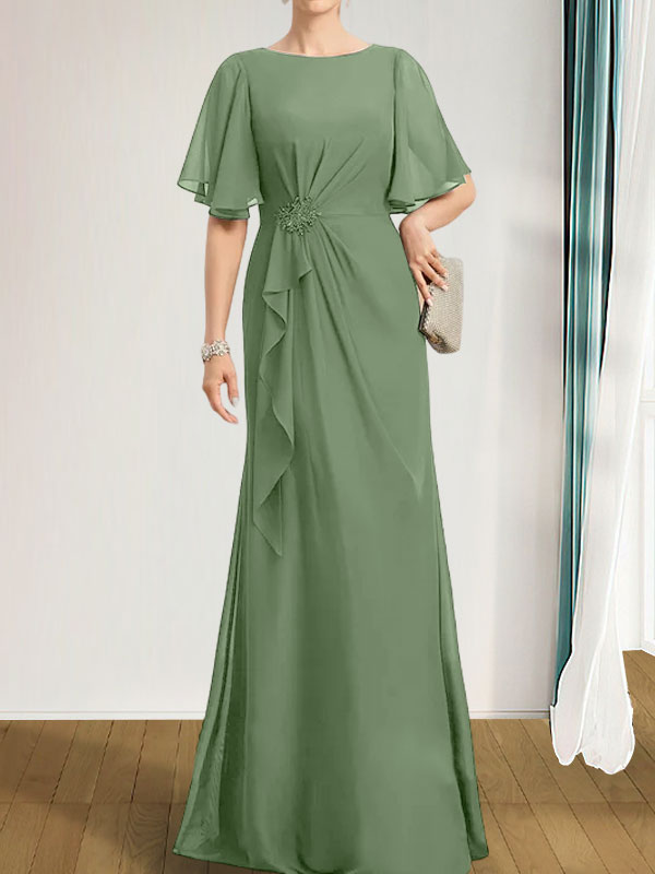 A-Linien-Kleid aus Chiffon in Bodenlänge für die Mutter der Braut mit kaskadenartigen Rüschen, Perlen und Pailletten