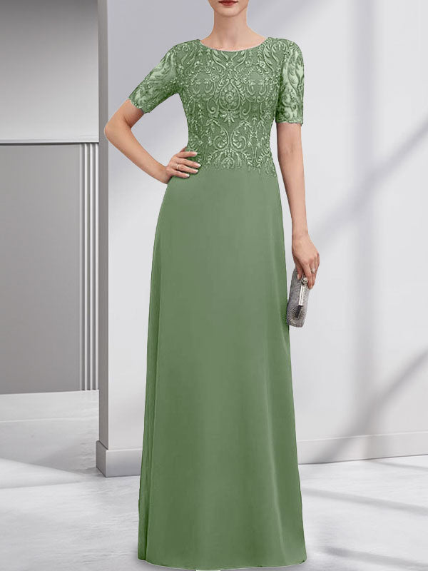 A-Linien-Kleid aus Chiffon mit Pailletten und Rundhalsausschnitt, bodenlang, für die Mutter der Braut