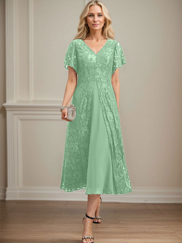 A-Linien-Kleid aus Chiffon mit V-Ausschnitt und Teelänge für die Mutter der Braut 