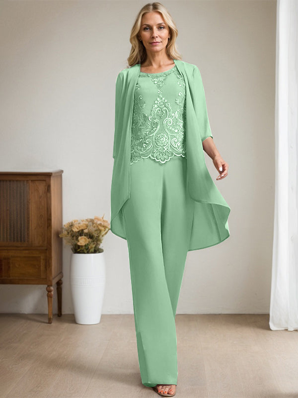 Vestido de madre de la novia de gasa con encaje, escote redondo y lentejuelas y mono/pantalón separado 