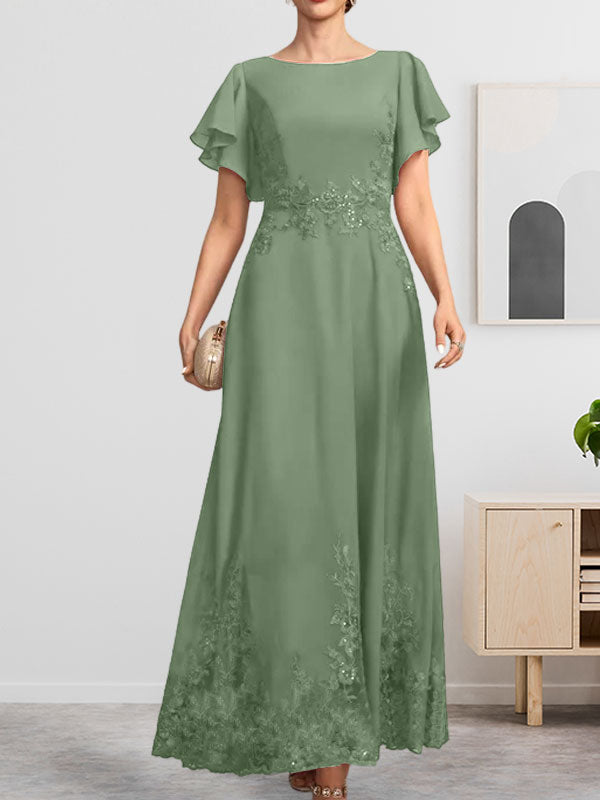 A-Linien-Kleid mit Rundhalsausschnitt, knöchellang, aus Spitze und Chiffon, mit Pailletten besetzt