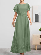 A-Linien-Kleid mit Rundhalsausschnitt, knöchellang, aus Spitze und Chiffon, mit Pailletten besetzt