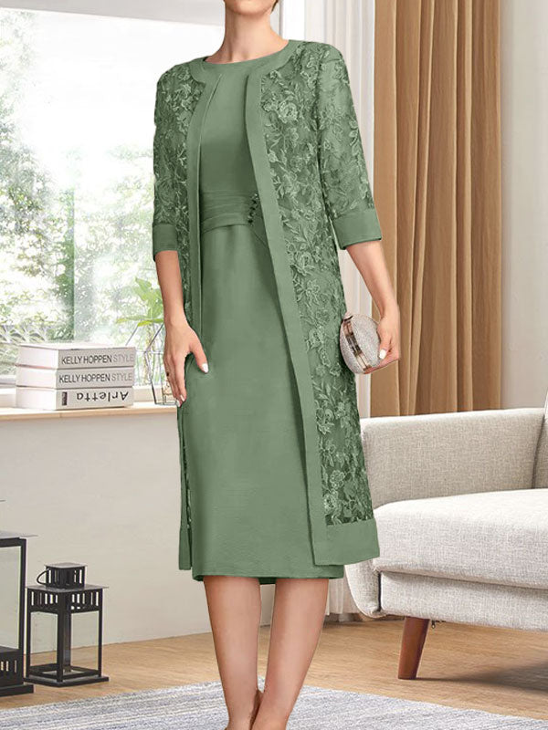 Vestido de gasa para madre de la novia con escote redondo hasta la rodilla, corte tubo/columna y lentejuelas plisadas