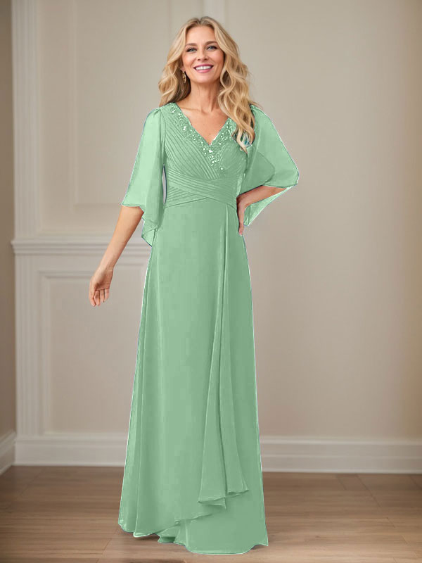 Langes Pailletten-Chiffon-Kleid in A-Linie mit V-Ausschnitt für die Mutter