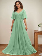 A-Linien-Kleid aus Chiffon mit V-Ausschnitt, bodenlang, mit Paillettenapplikationen, Spitze und Falten für die Mutter der Braut 
