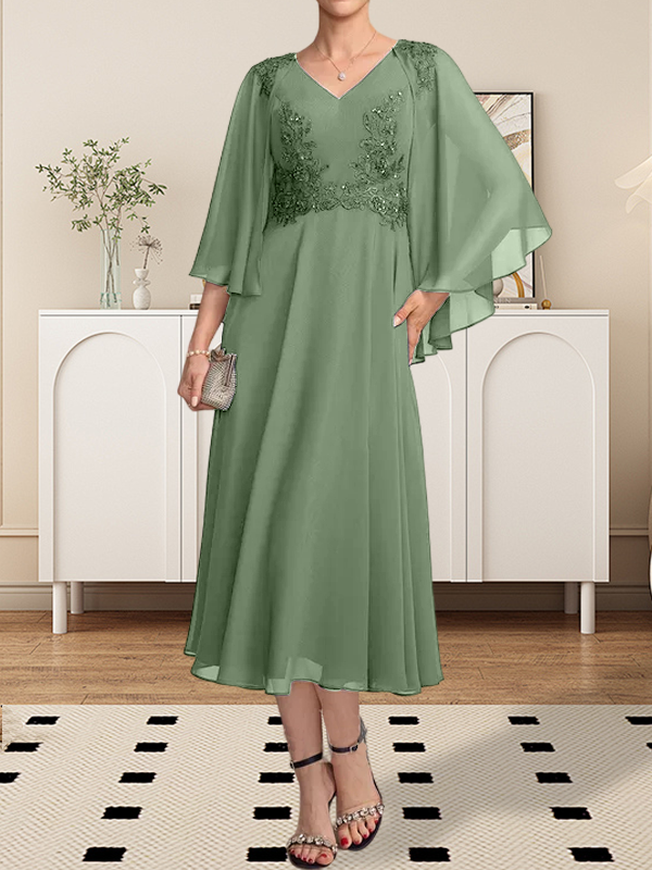 Vestido de gasa con encaje y escote en V, largo hasta la rodilla, para madre de la novia, con lentejuelas y abalorios