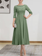 A-Linien-Kleid mit U-Boot-Ausschnitt, Illusion-Detail, Teelänge, Chiffonspitze, Perlenstickerei und Pailletten für die Mutter der Braut