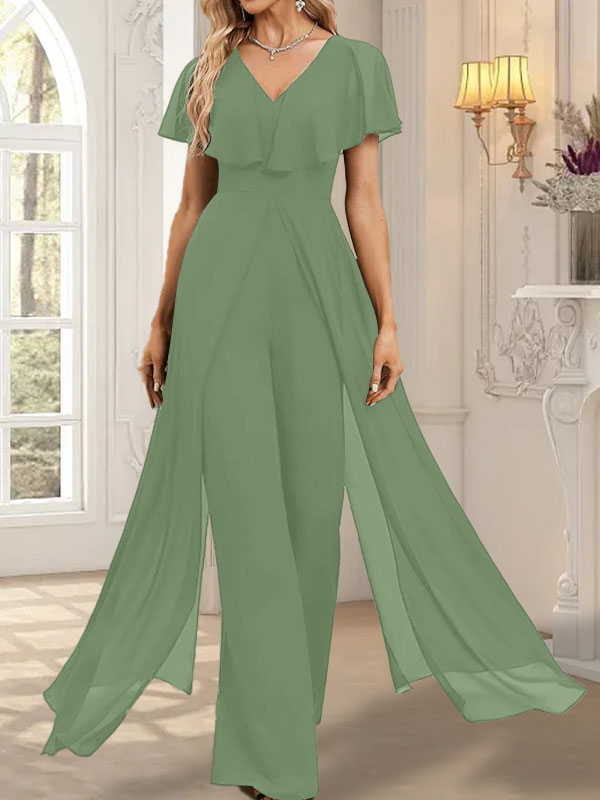 Jumpsuit/Hosenanzug, bodenlanges Chiffon-Abendkleid mit V-Ausschnitt