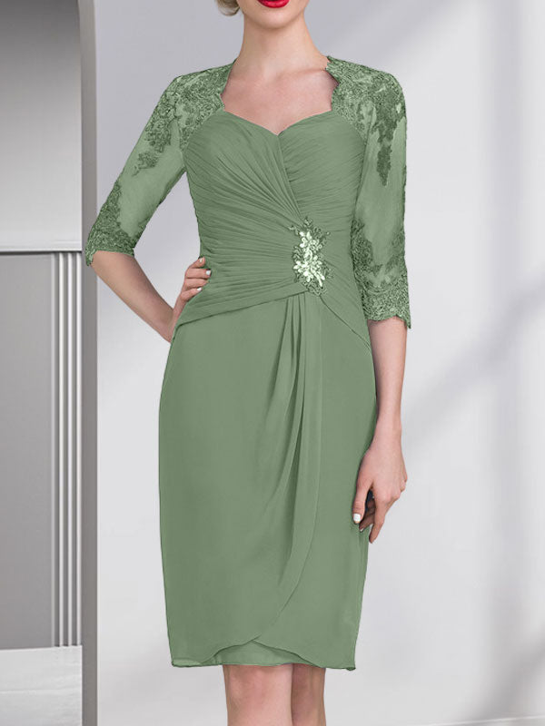 Vestido de gasa para madre de la novia, con escote en forma de corazón, largo hasta la rodilla, con apliques de cuentas, encaje y lentejuelas, plisado.