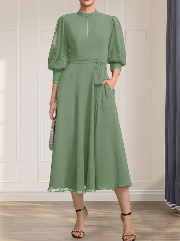 A-Linien-Kleid aus Chiffon mit hohem Kragen, Teelänge und Spitze für die Mutter der Braut, verziert mit einer Schleife