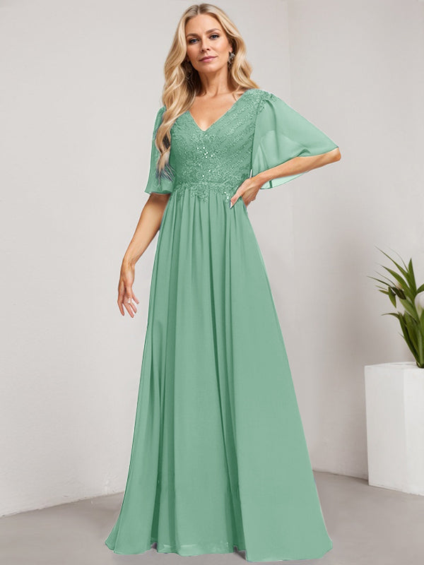 Vestido de gasa con encaje y lentejuelas para madre de la novia, corte A, escote en V y largo hasta el suelo 