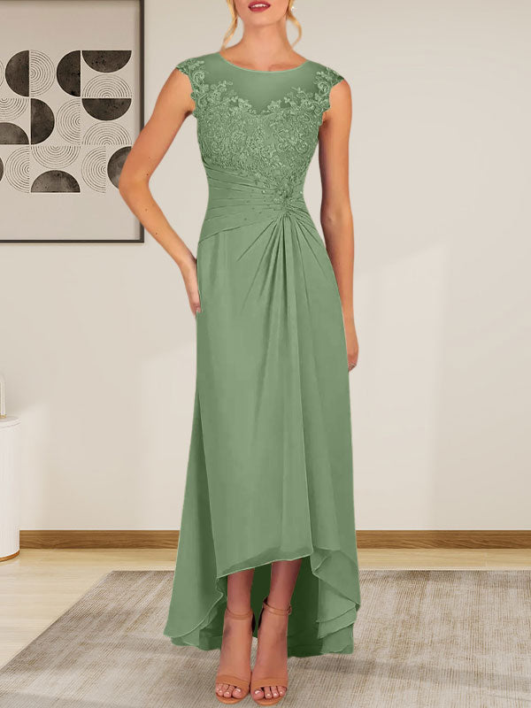 Champagnerfarbenes A-Linien-Chiffonkleid mit Rundhalsausschnitt und Spitze