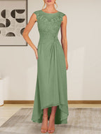 Champagnerfarbenes A-Linien-Chiffonkleid mit Rundhalsausschnitt und Spitze