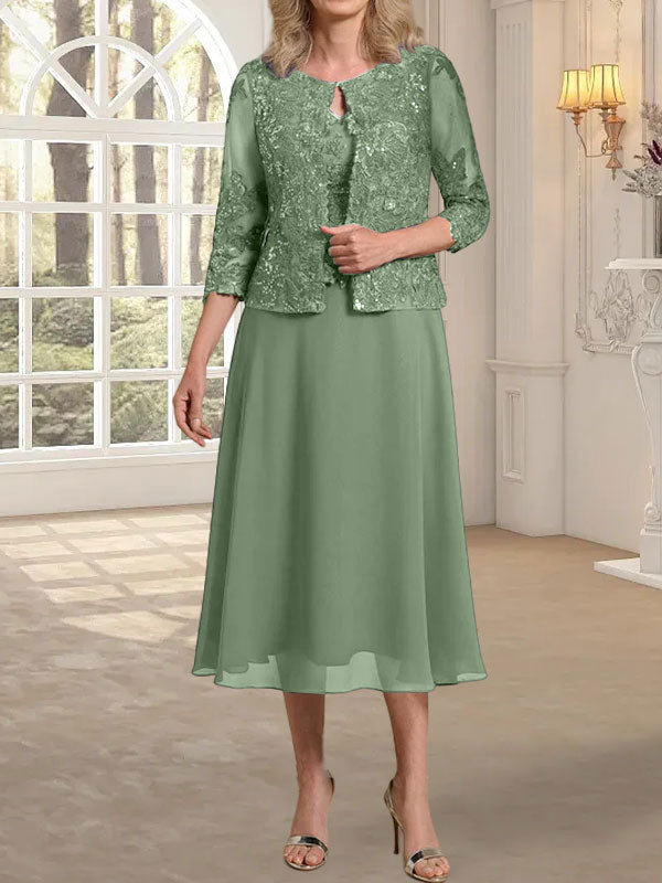 Vestido de gasa con encaje y lentejuelas para madre de la novia, corte A, escote redondo y largo hasta la rodilla 