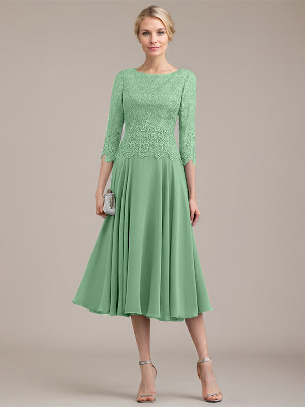 A-Linien-Kleid aus Chiffon mit Rundhalsausschnitt und Teelänge für die Mutter der Braut 