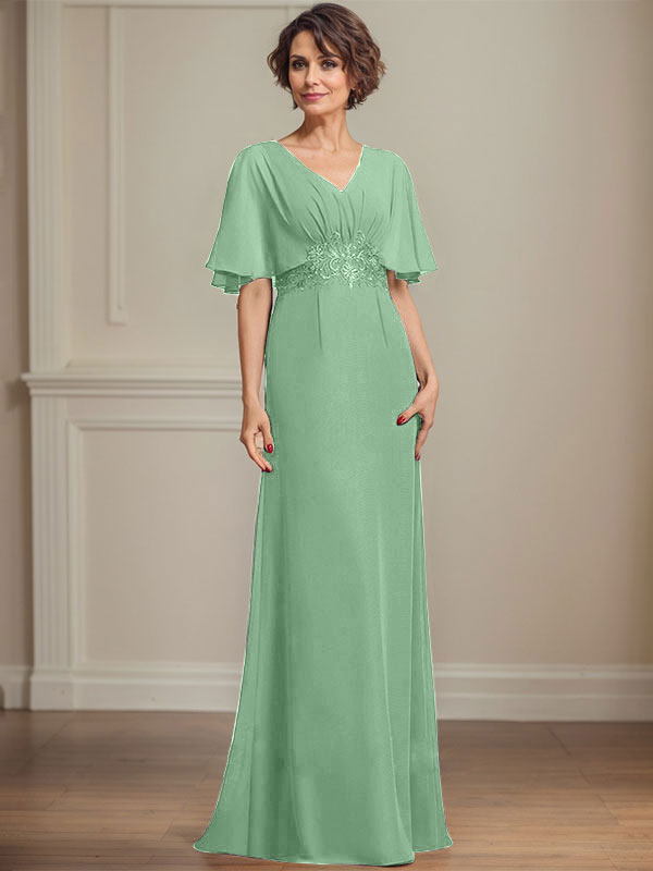 A-Linien-Kleid aus Chiffon mit V-Ausschnitt, bodenlang, für die Mutter der Braut, mit plissierten Paillettenapplikationen und Spitze