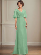 A-Linien-Kleid aus Chiffon mit V-Ausschnitt, bodenlang, für die Mutter der Braut, mit plissierten Paillettenapplikationen und Spitze