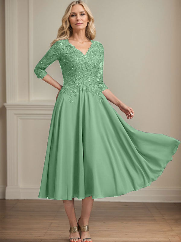 A-Linien-Kleid aus Chiffonspitze mit V-Ausschnitt, Teelänge, Perlen- und Paillettenstickerei für die Mutter der Braut 