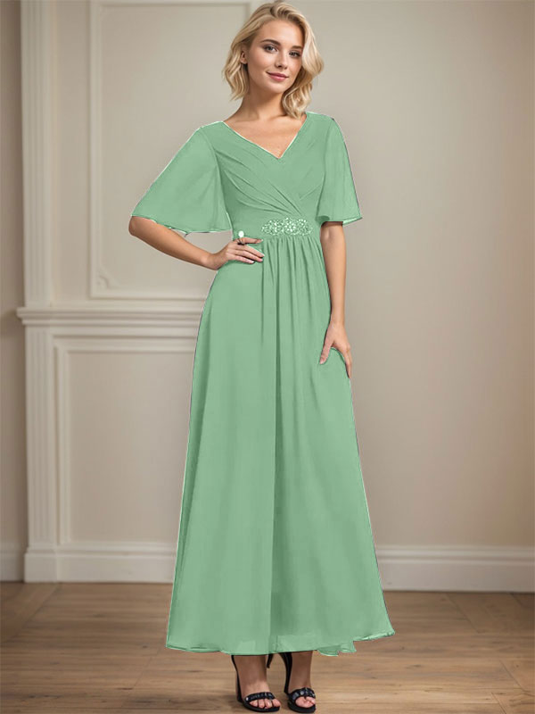 Vestido de gasa para madre de la novia, corte A, escote en V, largo hasta los tobillos, con lentejuelas y cuentas plisadas