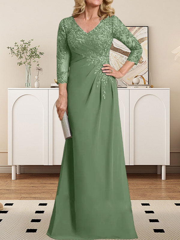 Vestido de madre de la novia de gasa con encaje, escote en V, ilusión, largo hasta el suelo, con lentejuelas plisadas 