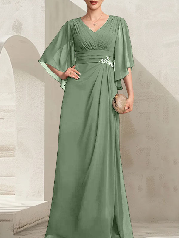 Vestido de gasa para madre de la novia, con escote en V, largo hasta el suelo, con lentejuelas plisadas y abalorios.