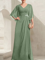 Vestido de gasa para madre de la novia, con escote en V, largo hasta el suelo, con lentejuelas plisadas y abalorios.