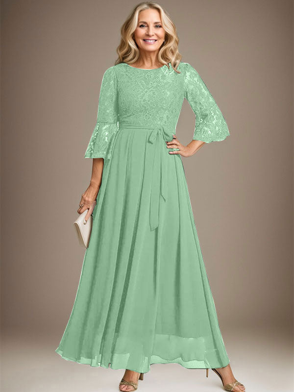 A-Linien-Kleid aus Chiffon mit Rundhalsausschnitt und Schleife, knöchellang, für die Mutter der Braut