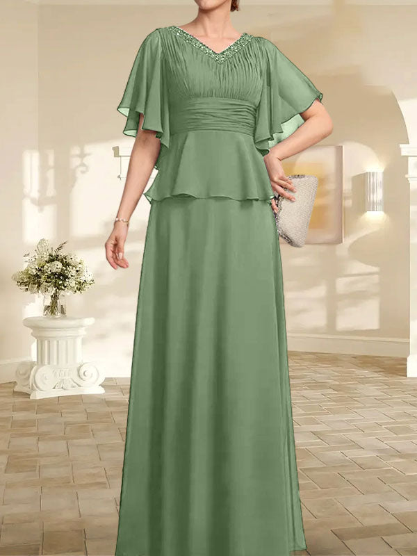 Vestido de gasa para madre de la novia, corte A, escote en V, largo hasta el suelo, con cuentas plisadas