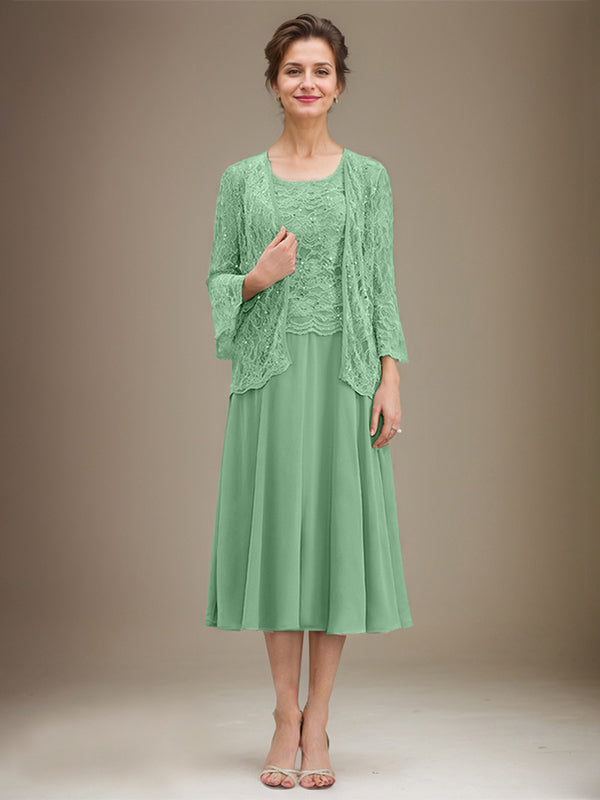 Vestido de gasa con encaje y lentejuelas para madre de la novia, corte A, escote redondo y largo hasta la rodilla 