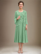 Vestido de gasa con encaje y lentejuelas para madre de la novia, corte A, escote redondo y largo hasta la rodilla 