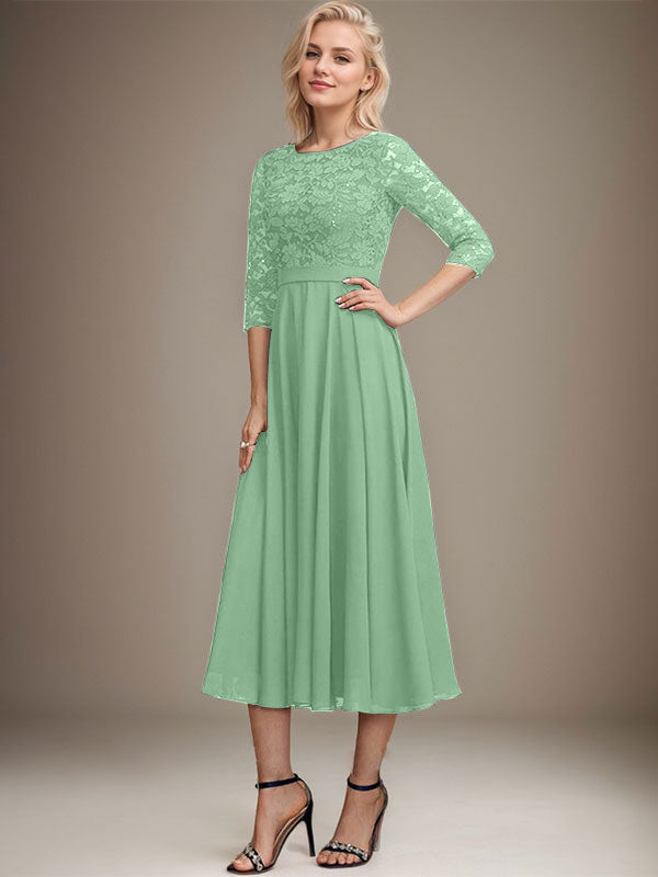 A-Linien-Kleid mit Rundhalsausschnitt, Teelänge, Spitze, Chiffon, Pailletten, für die Mutter der Braut