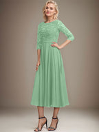 A-Linien-Kleid mit Rundhalsausschnitt, Teelänge, Spitze, Chiffon, Pailletten, für die Mutter der Braut