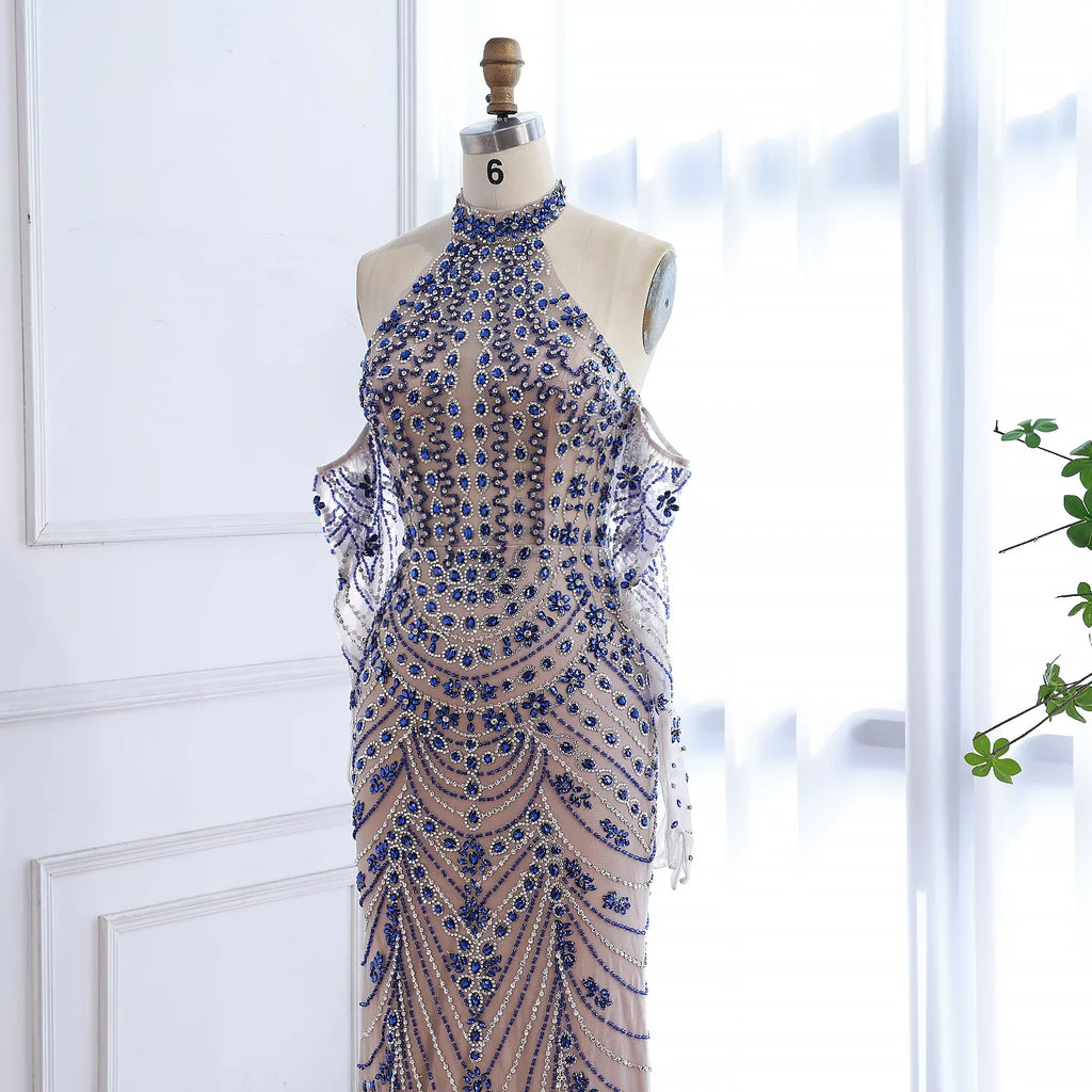Vestido de noche azul kosovar de lujo con guantes LA72760C