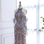 Vestido de noche azul kosovar de lujo con guantes LA72760C