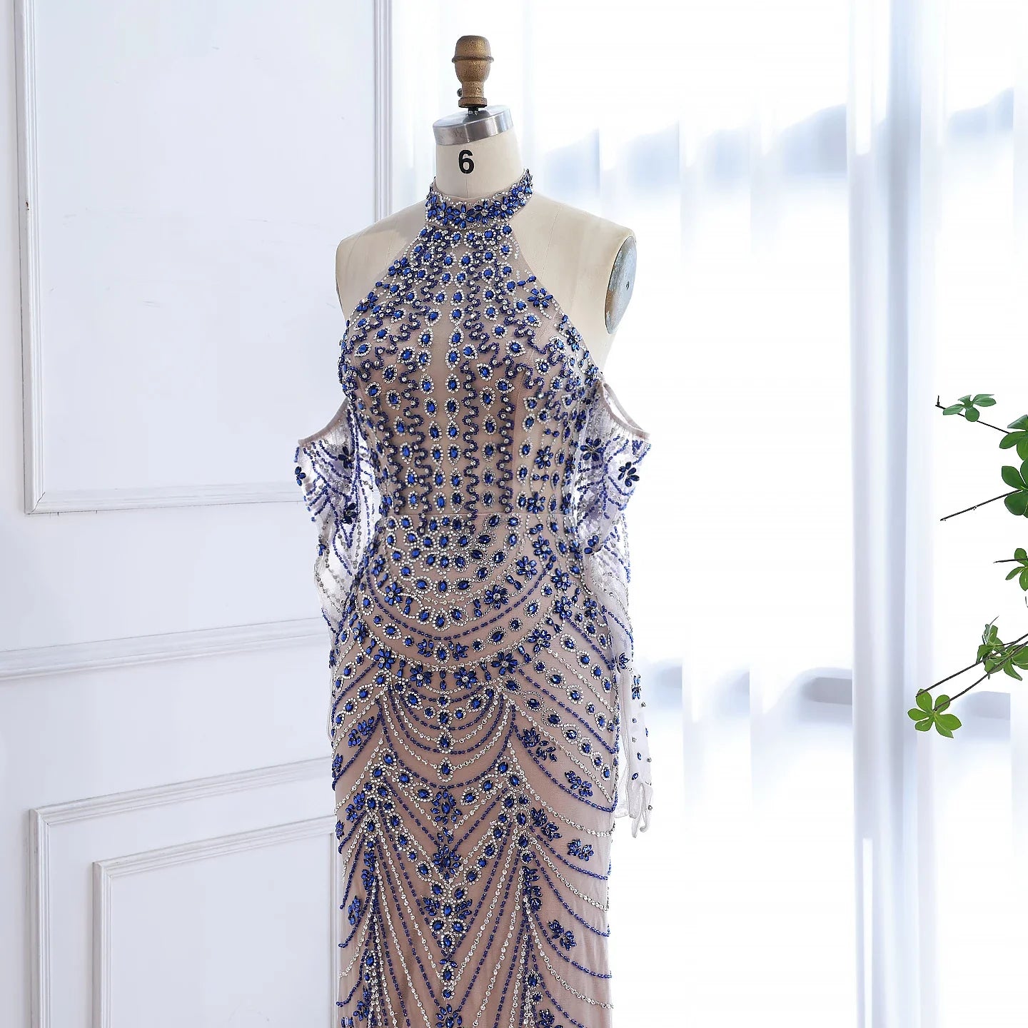 Vestido de noche azul kosovar de lujo con guantes LA72760C