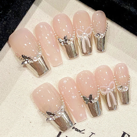 10 Stück handgefertigte französische Spitzen, falsche Nägel, mittellang, Sarg, künstliche Nägel, Metall, Schmetterling, Perle, Schleifen, Designs zum Aufdrücken der Nägel 