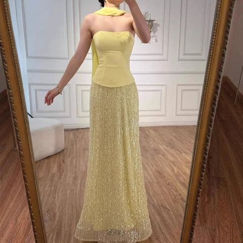 Luxury Yellow Chiffon Mermaid Evening Dress with Cape LA73007