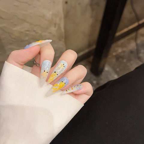 10 Stück Lange Stiletto-Press-On-Nägel Farbverlauf Blau Gelb Katzenauge Handgemachte Falsche Nägel Handbemalte Goldfisch-Designs Gefälschte Nägel 